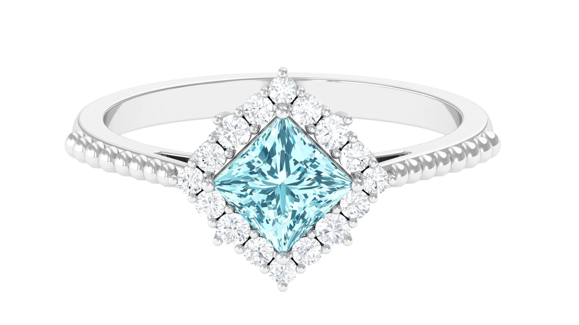 1 CT Princess Cut Aquamarine Engagement Ring with Diamond Halo