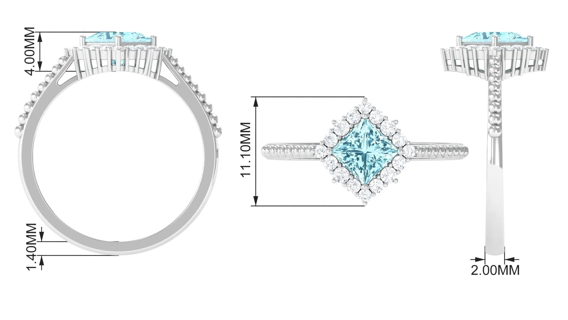 1 CT Princess Cut Aquamarine Engagement Ring with Diamond Halo