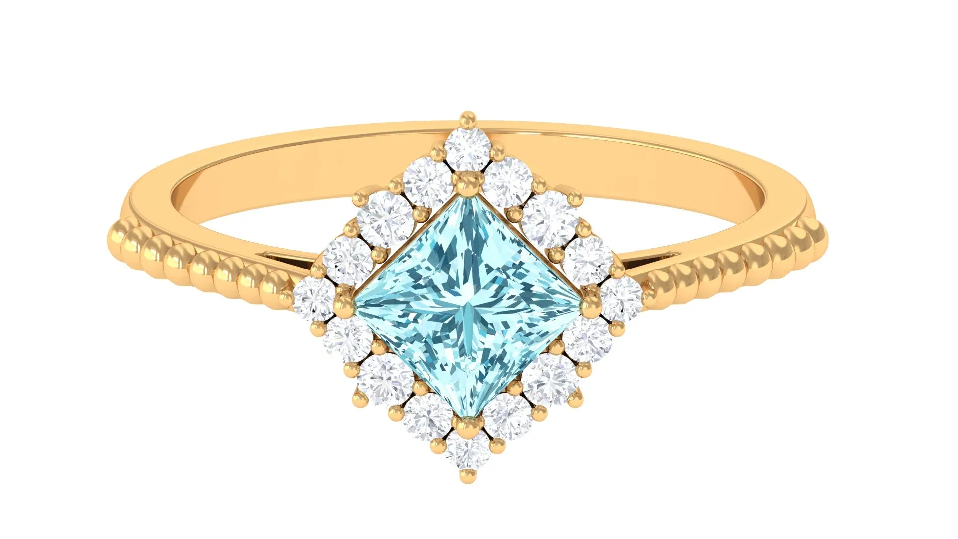 1 CT Princess Cut Aquamarine Engagement Ring with Diamond Halo