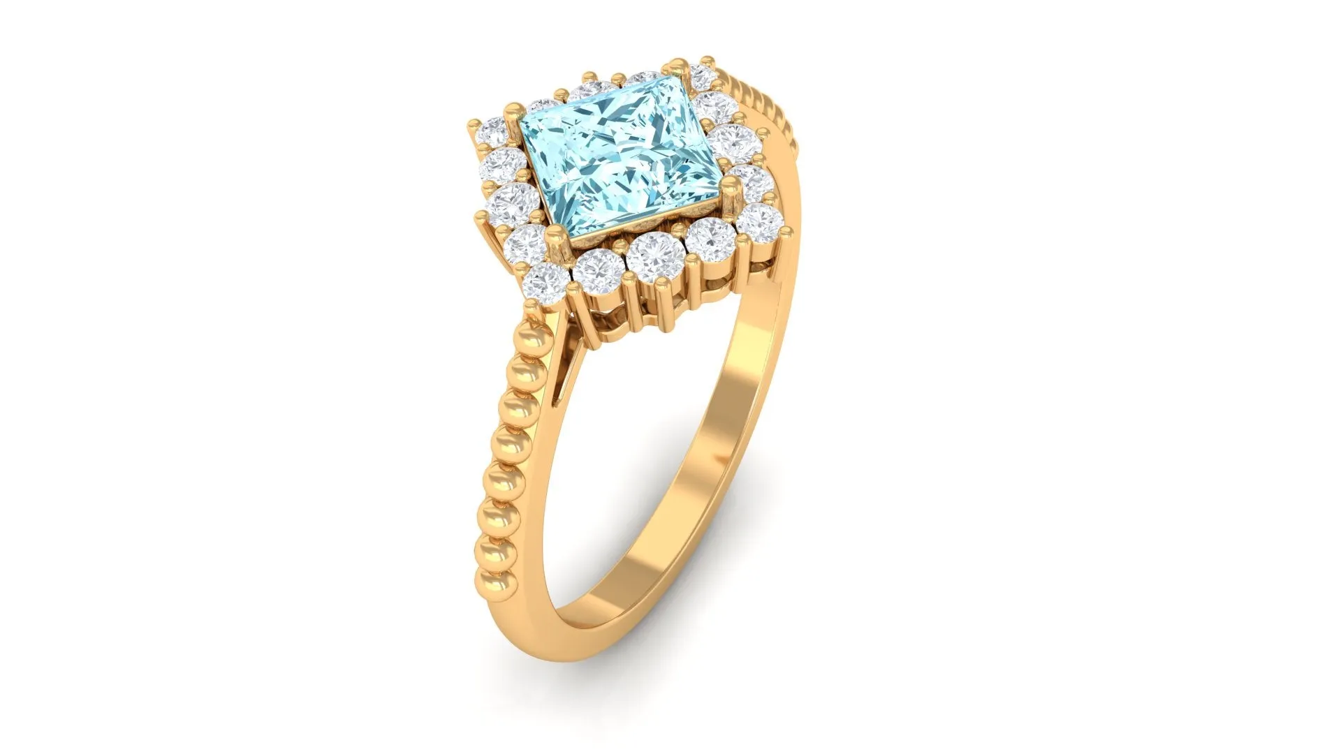 1 CT Princess Cut Aquamarine Engagement Ring with Diamond Halo