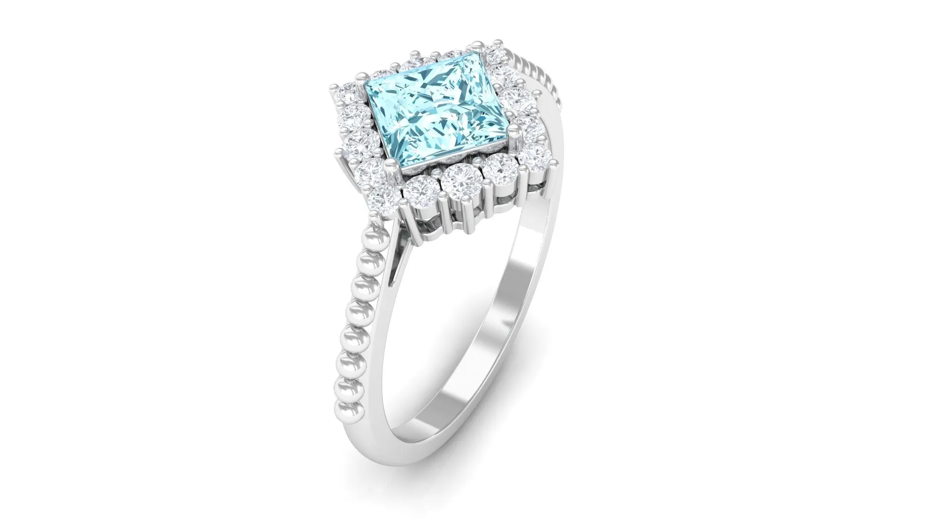 1 CT Princess Cut Aquamarine Engagement Ring with Diamond Halo