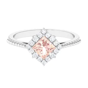 1 Ct Princess Morganite and Diamond Halo Engagement Ring