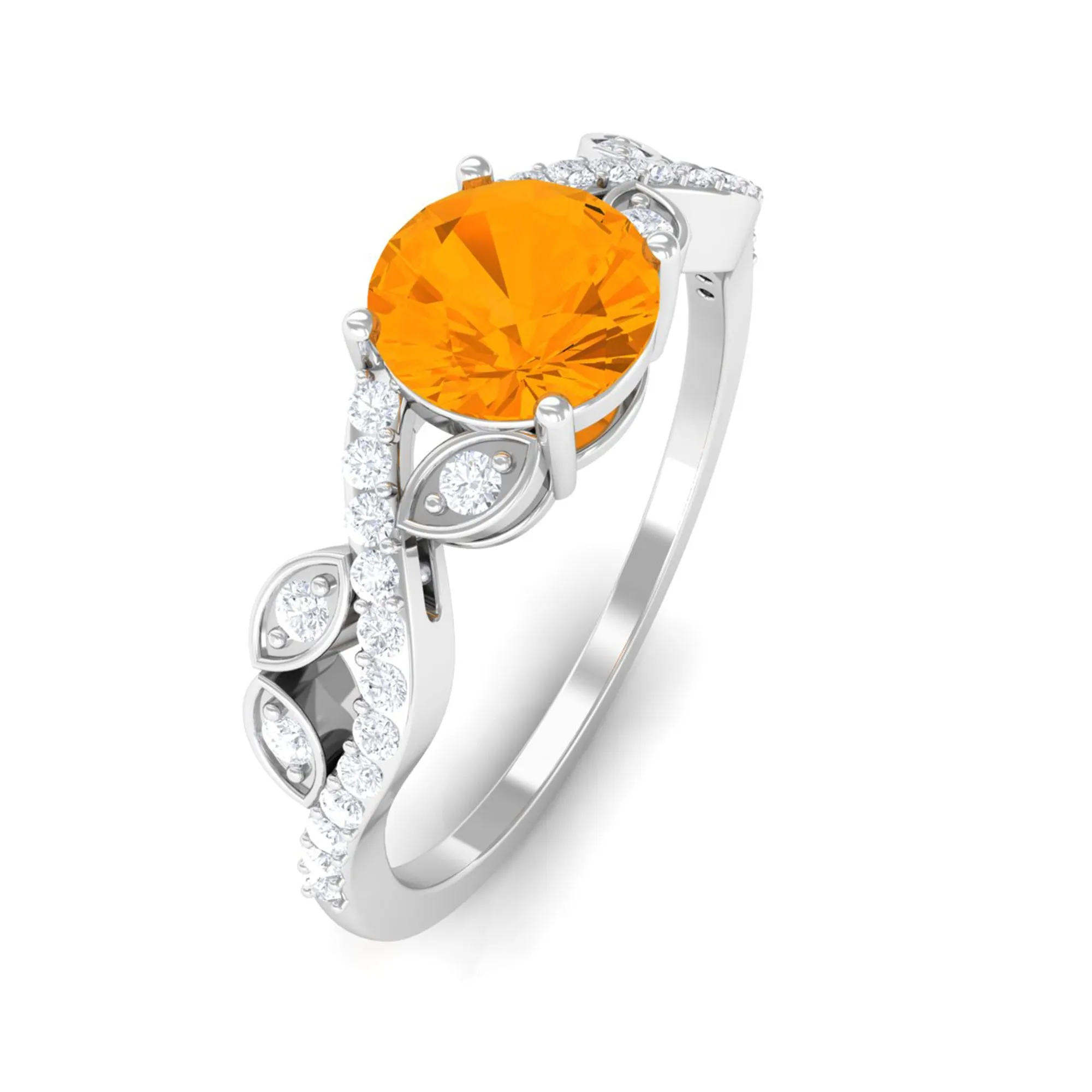 1 CT Round Shape Fire Opal Designer Engagement Ring with Diamond