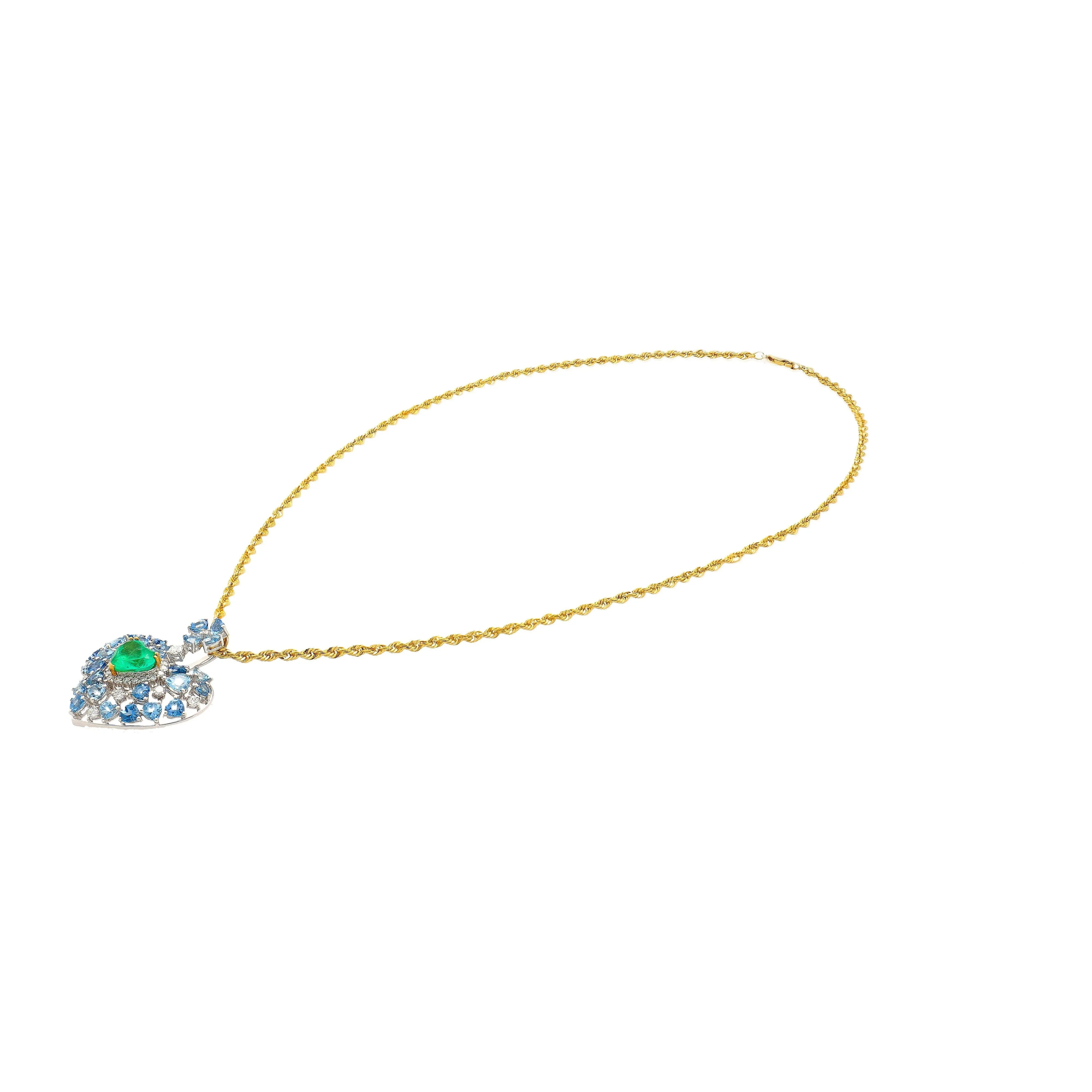 10 Carat Heart-Shape Colombian Emerald, Aquamarine, and Diamond 18K Necklace