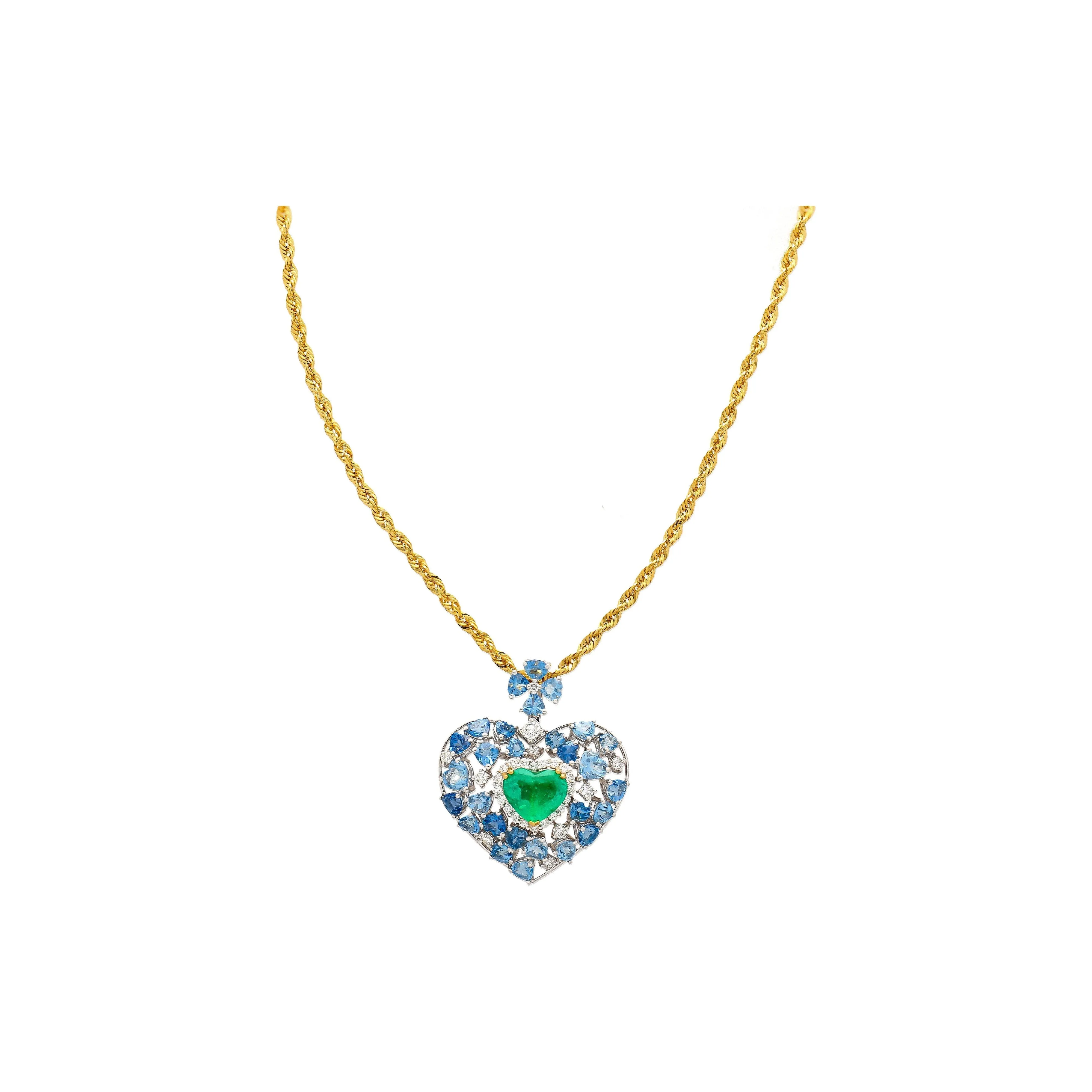 10 Carat Heart-Shape Colombian Emerald, Aquamarine, and Diamond 18K Necklace