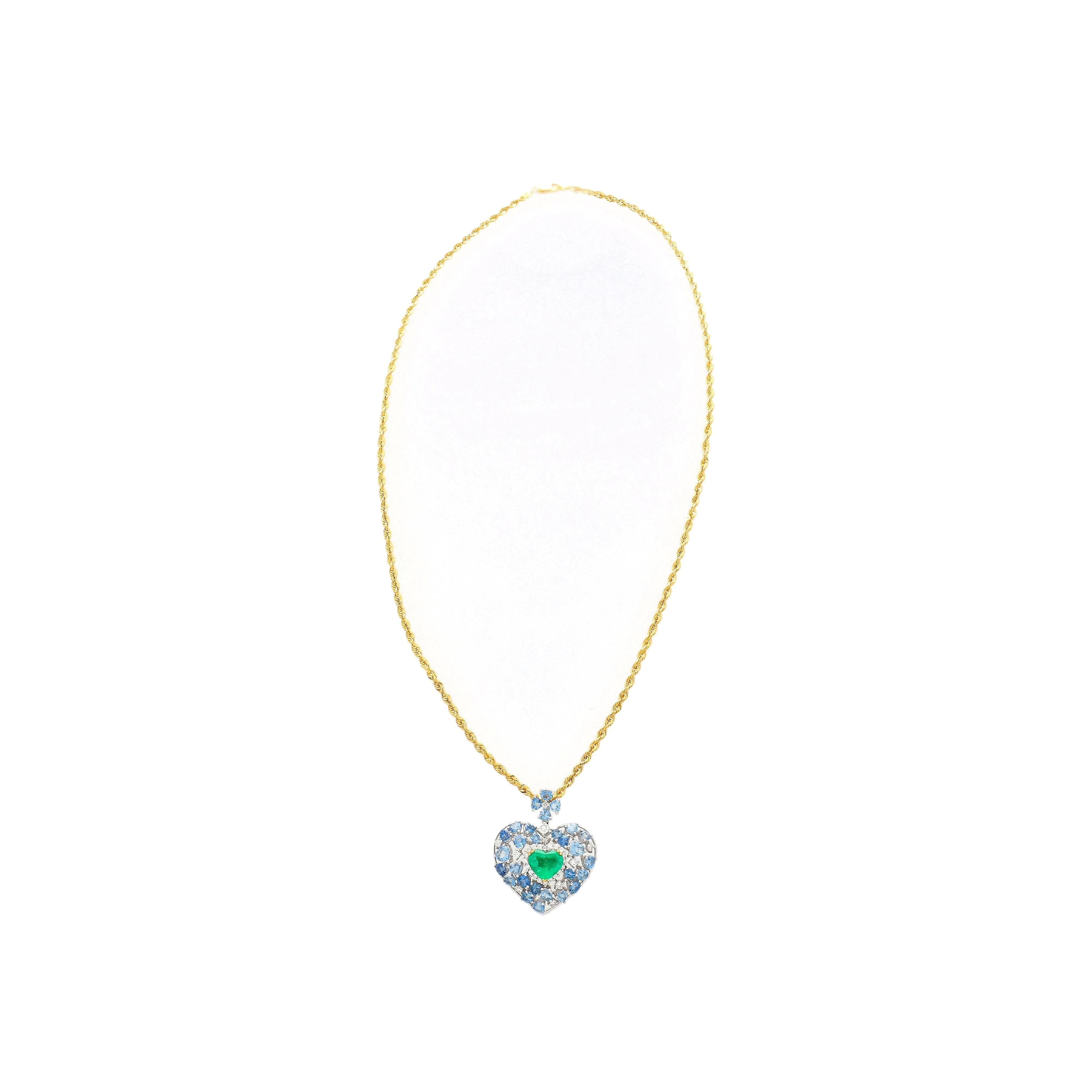 10 Carat Heart-Shape Colombian Emerald, Aquamarine, and Diamond 18K Necklace