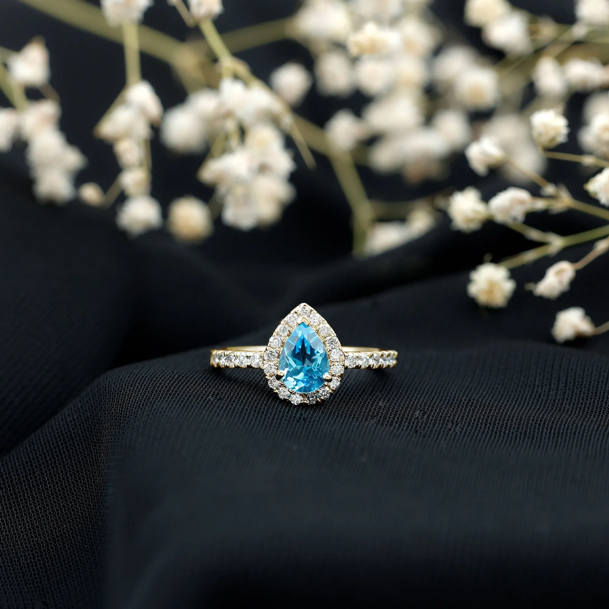 1.25 CT Swiss Blue Topaz Engagement Ring with Diamond Halo