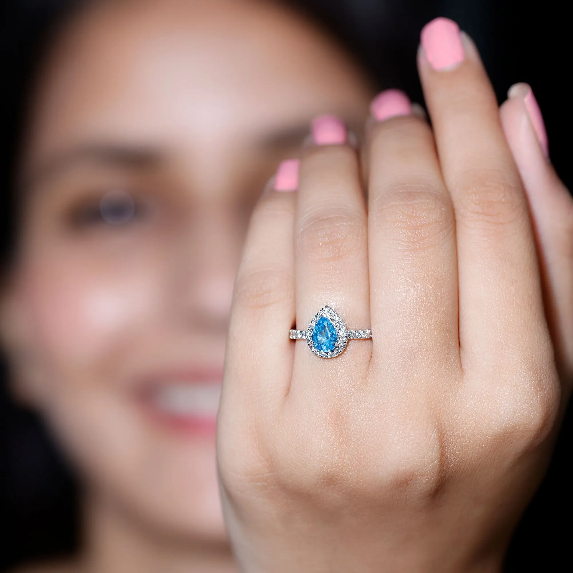 1.25 CT Swiss Blue Topaz Engagement Ring with Diamond Halo