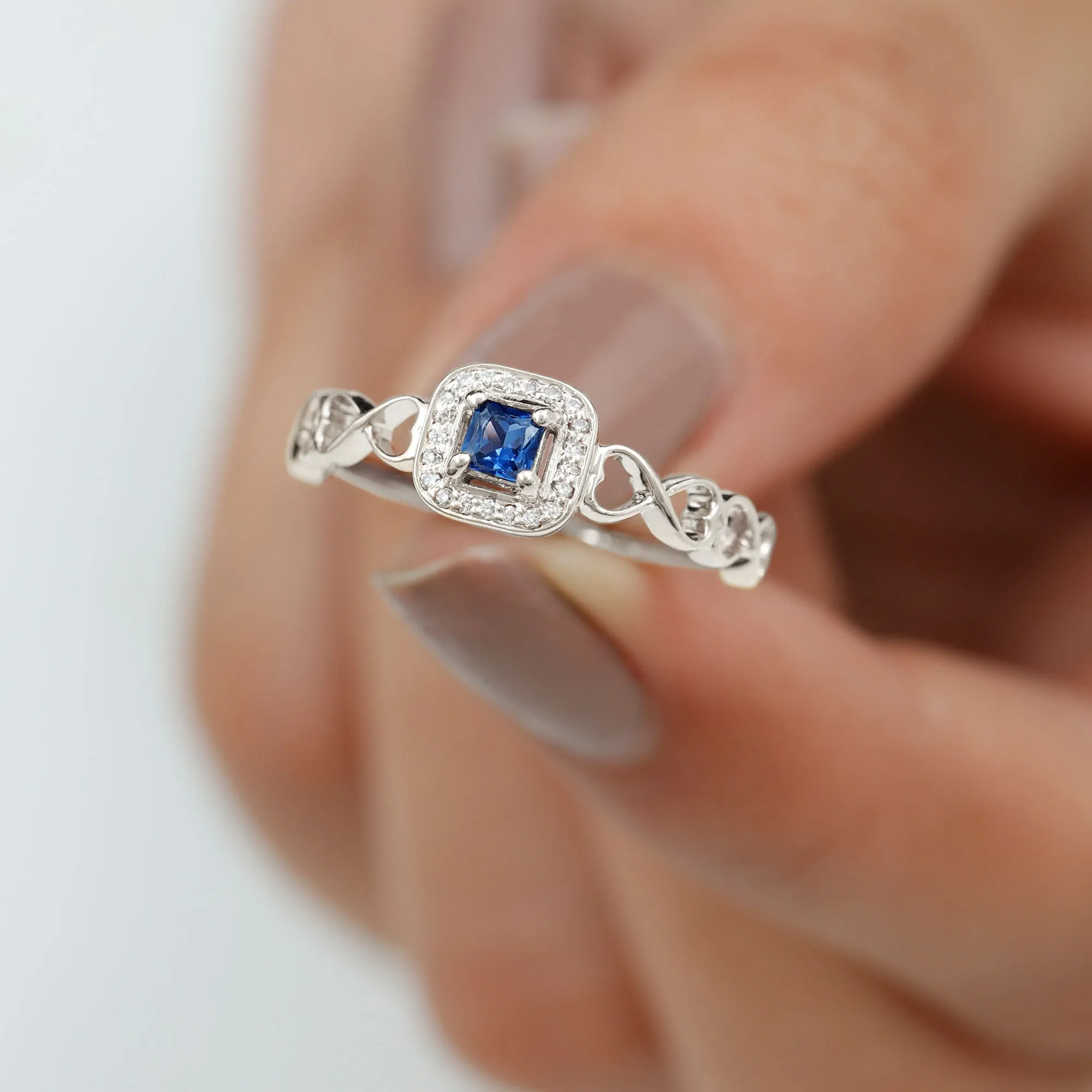 1/4 CT Created Blue Sapphire Designer Infinity Heart Ring with Diamond