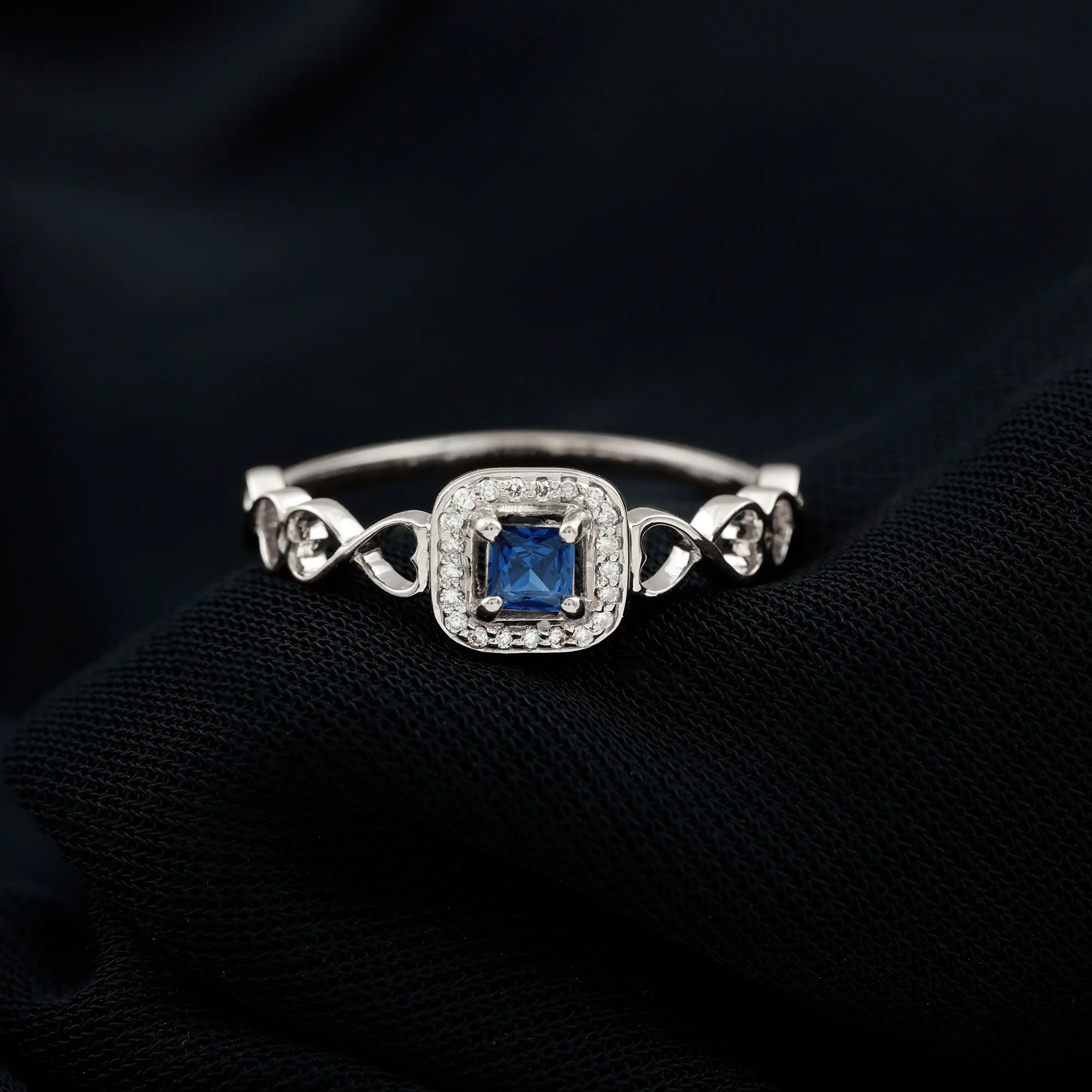 1/4 CT Created Blue Sapphire Designer Infinity Heart Ring with Diamond