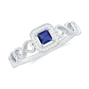 1/4 CT Created Blue Sapphire Designer Infinity Heart Ring with Diamond