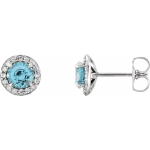 14K White 4.5 mm Natural Blue Zircon & 1/6 CTW Natural Diamond Earrings