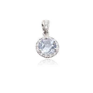 14K WHITE GOLD 6MM AQUAMARINE AND DIAMOND HALO PENDANT 0.09CTW