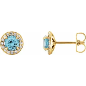 14K Yellow 5 mm Natural Blue Zircon & 1/8 CTW Natural Diamond Earrings