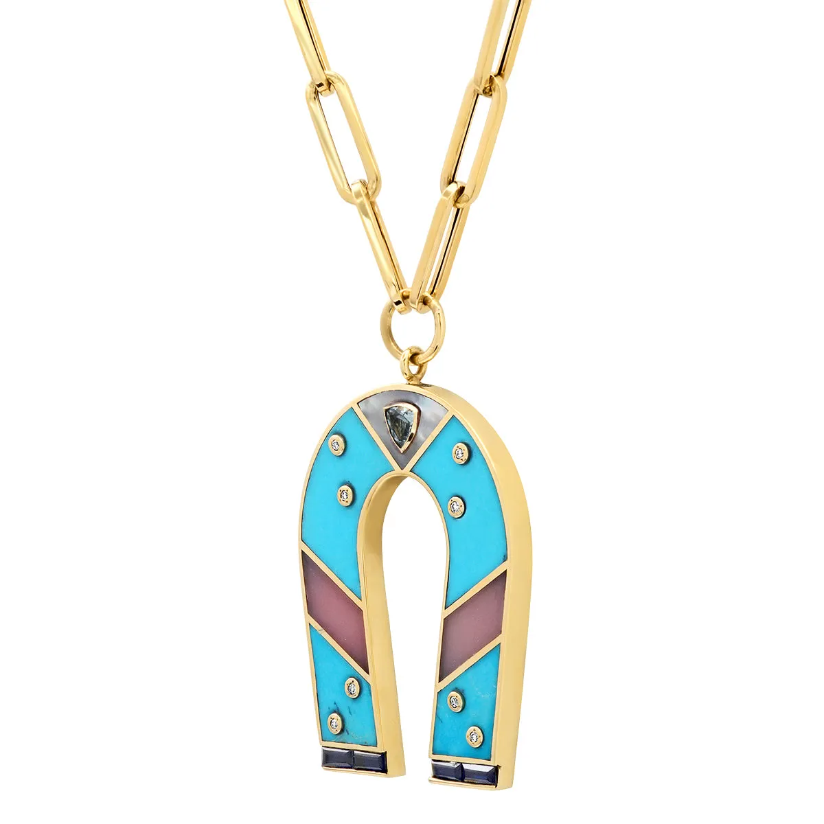 14K Yellow Gold Turquoise and Pink Opal Inlay Horseshoe Necklace