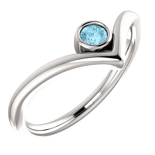 14KT GOLD 0.10 CT ROUND AQUAMARINE BEZEL-SET "V" RING