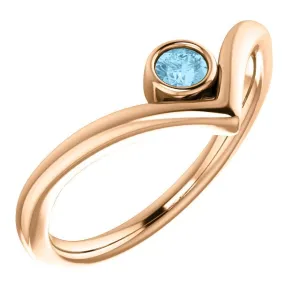 14KT GOLD 0.10 CT ROUND AQUAMARINE BEZEL-SET "V" RING