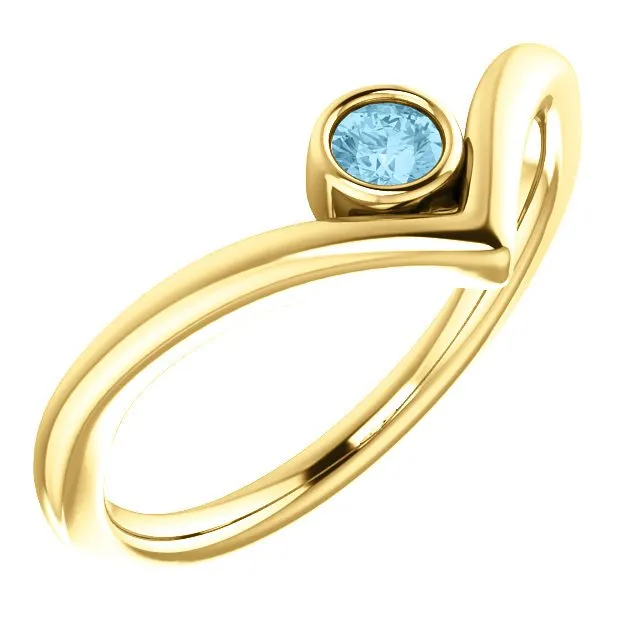 14KT GOLD 0.10 CT ROUND AQUAMARINE BEZEL-SET "V" RING