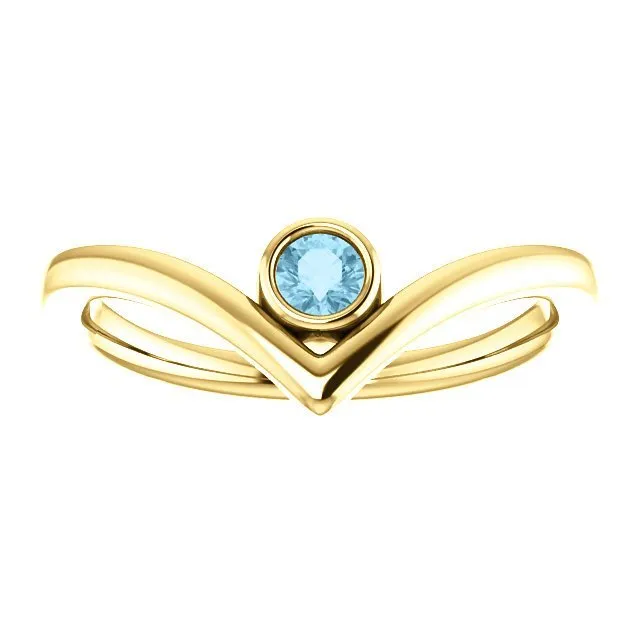 14KT GOLD 0.10 CT ROUND AQUAMARINE BEZEL-SET "V" RING