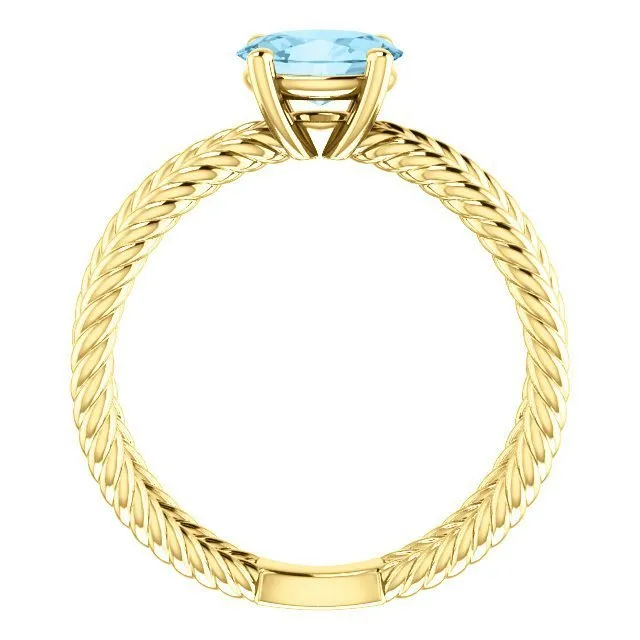 14KT GOLD 0.70 CT AQUAMARINE ROPE CRISS-CROSS RING