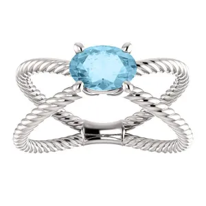 14KT GOLD 0.70 CT AQUAMARINE ROPE CRISS-CROSS RING