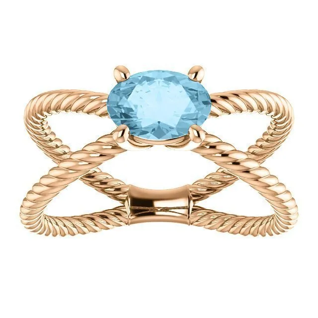 14KT GOLD 0.70 CT AQUAMARINE ROPE CRISS-CROSS RING