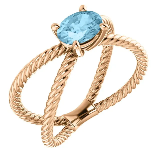 14KT GOLD 0.70 CT AQUAMARINE ROPE CRISS-CROSS RING