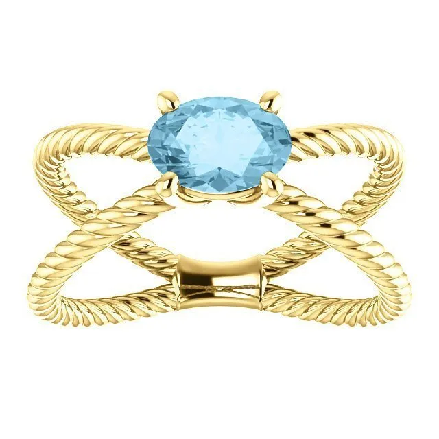 14KT GOLD 0.70 CT AQUAMARINE ROPE CRISS-CROSS RING