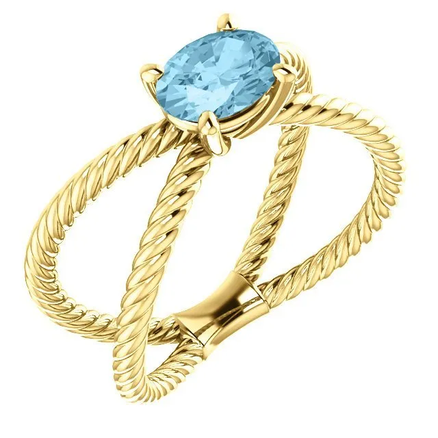 14KT GOLD 0.70 CT AQUAMARINE ROPE CRISS-CROSS RING