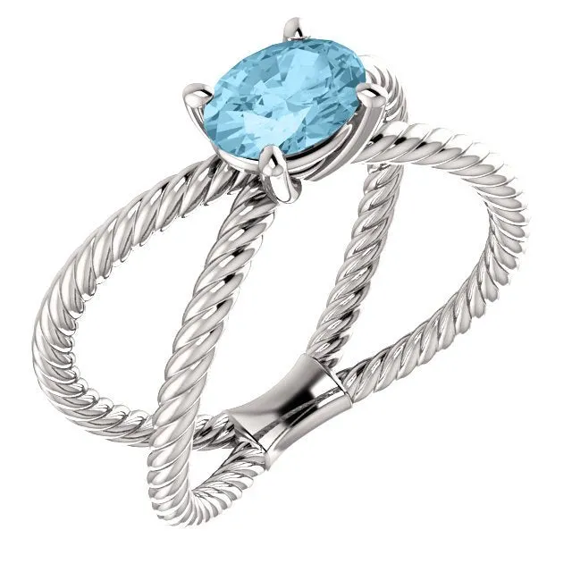 14KT GOLD 0.70 CT AQUAMARINE ROPE CRISS-CROSS RING