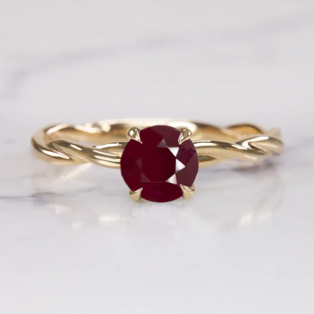 1.5 CARAT NATURAL RUBY SOLITAIRE RING ROUND CUT 14k YELLOW GOLD TWIST COCKTAIL