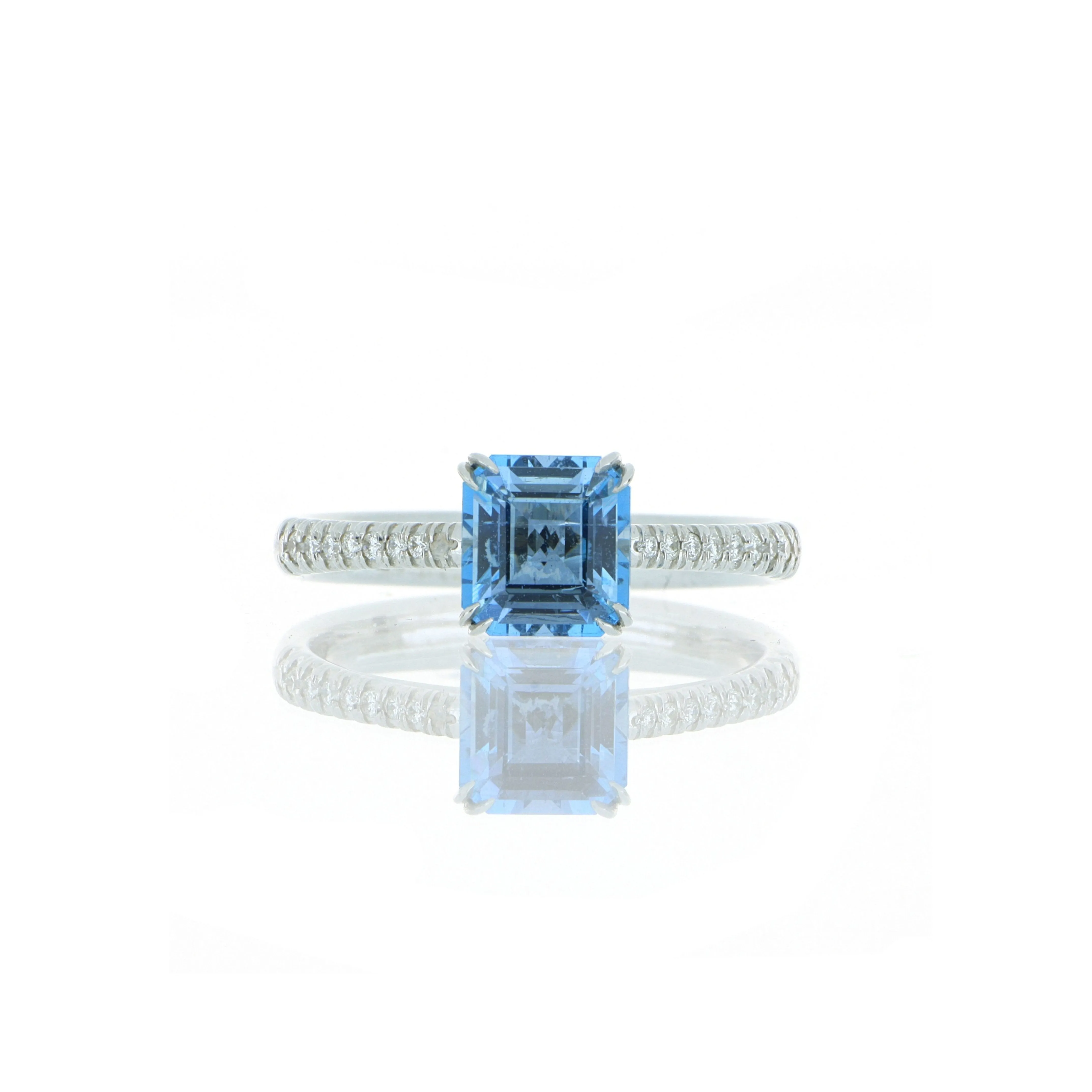 18k White Gold Square Shaped Aquamarine and Diamond Accented Ring