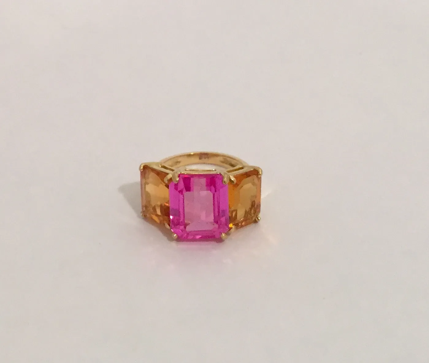 18k Yellow Gold Three Stone Emerald Cut Ring with Citrine and Pink Topaz