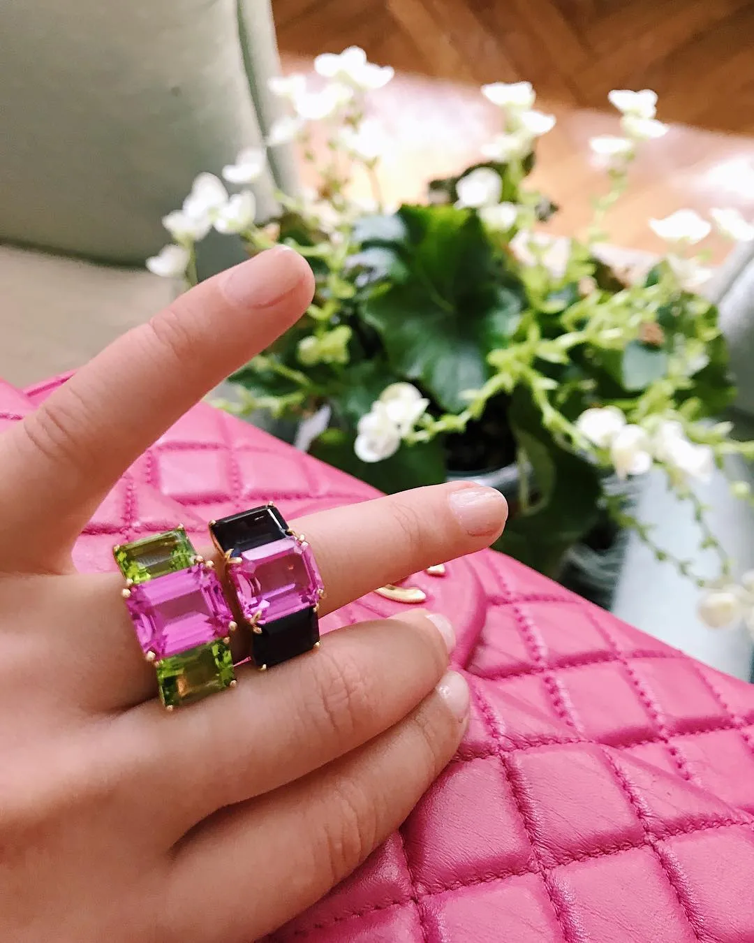 18k Yellow Gold Three Stone Emerald Cut Ring with Citrine and Pink Topaz