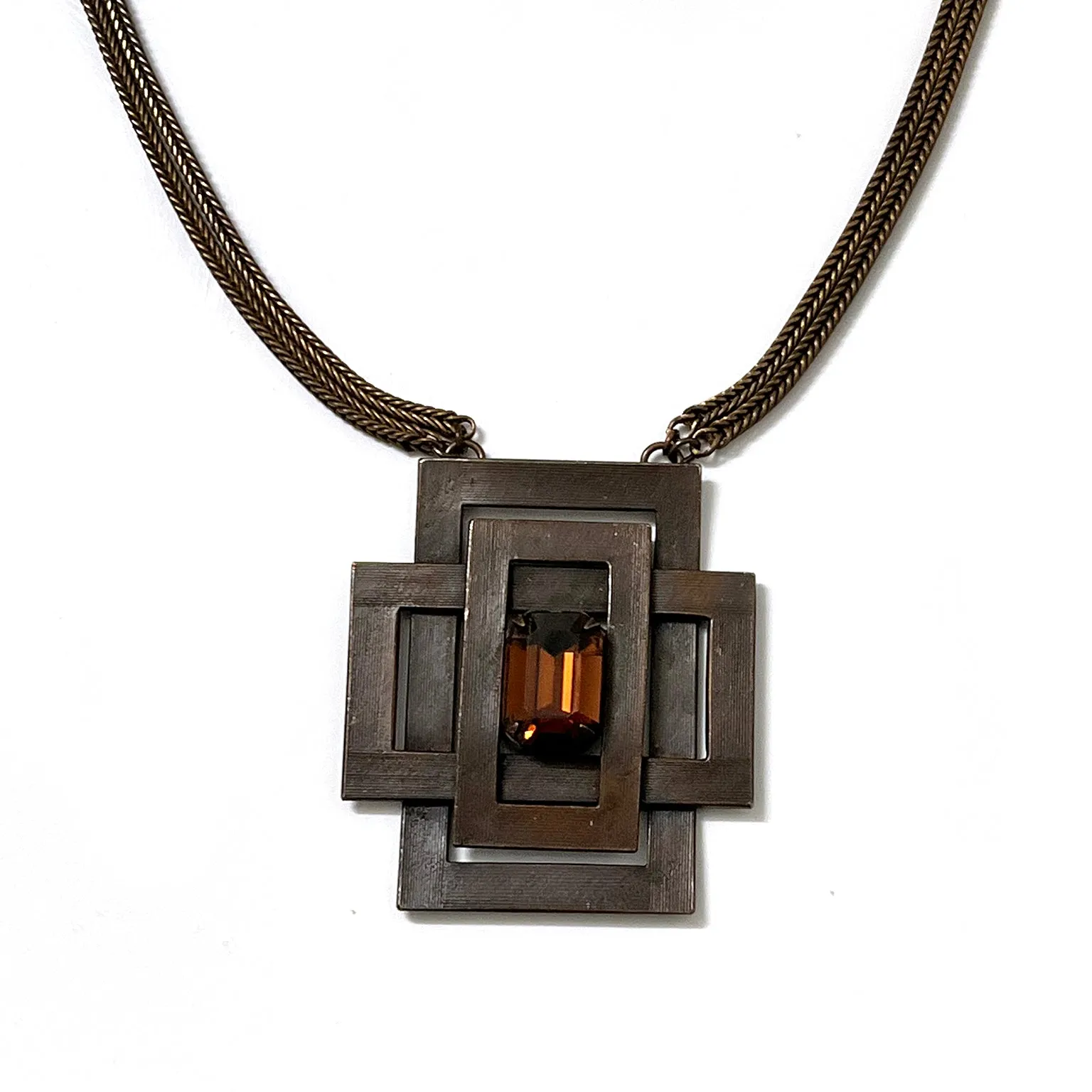 1970s Yves Saint Laurent Oil Rubbed Bronze Cross Necklace W Amber Crystal