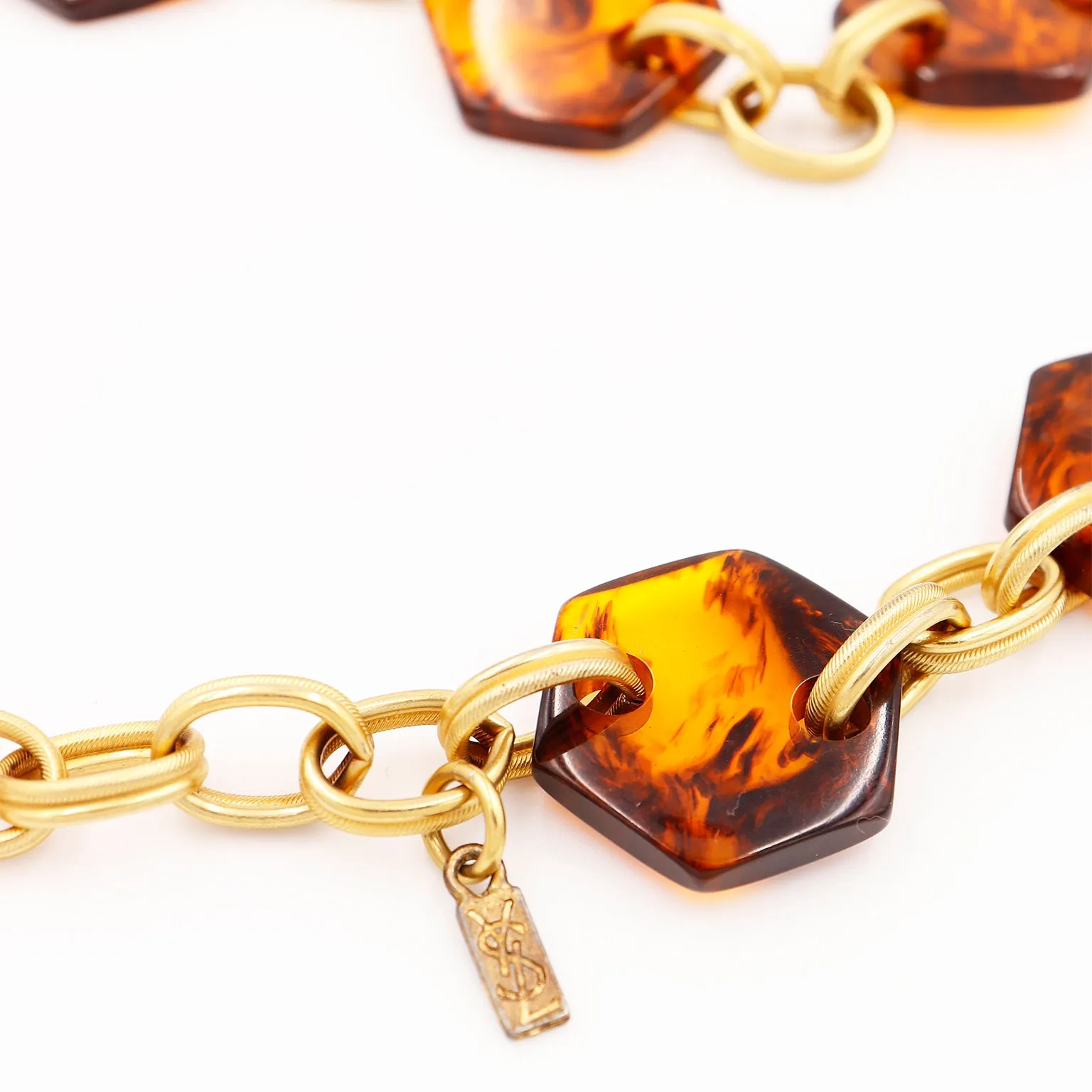 1970s Yves Saint Laurent Vintage Faux Tortoise Hexagon & Gold Chain Belt