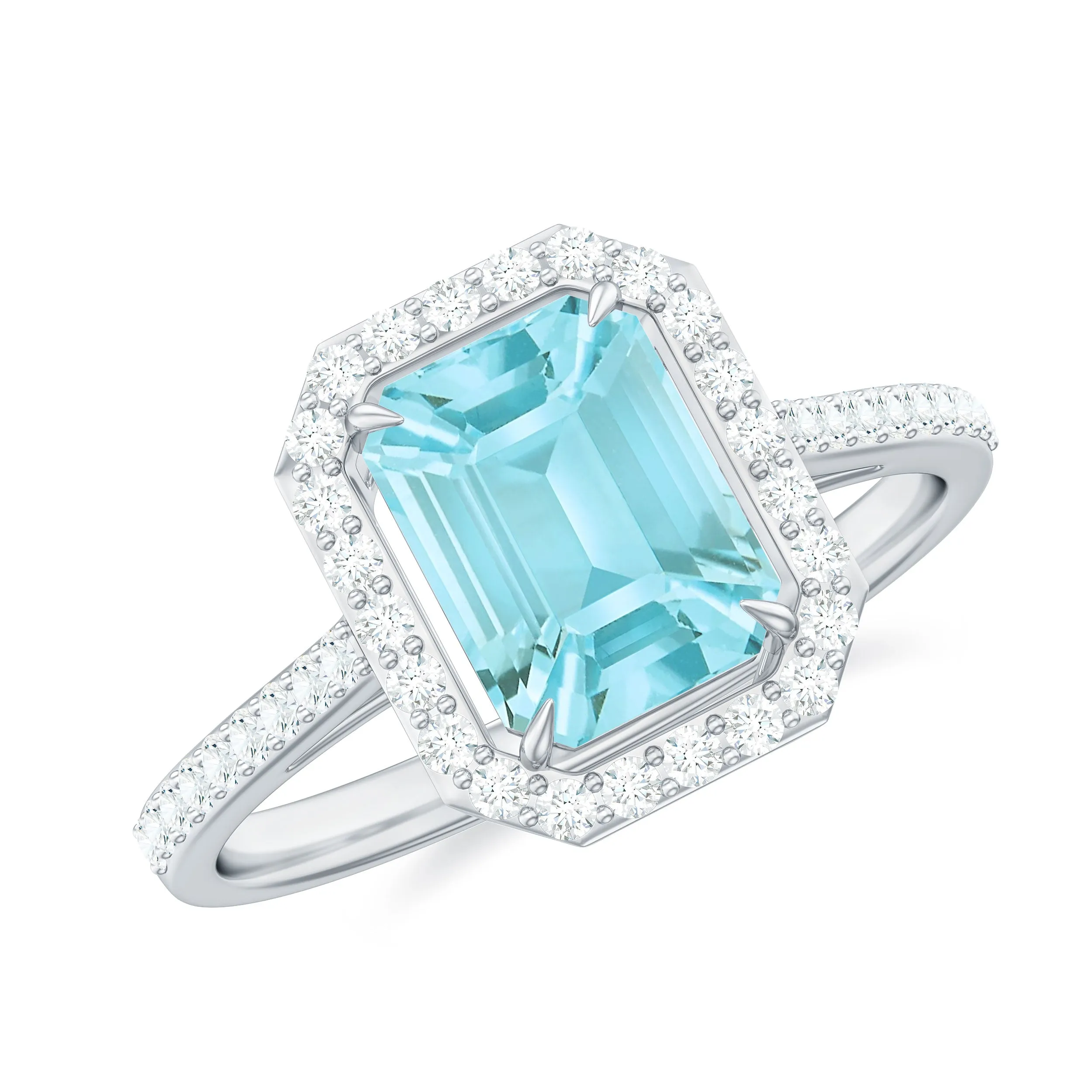 2.25 CT Emerald Cut Shape Sky Blue Topaz Classic Engagement Ring with Diamond Halo