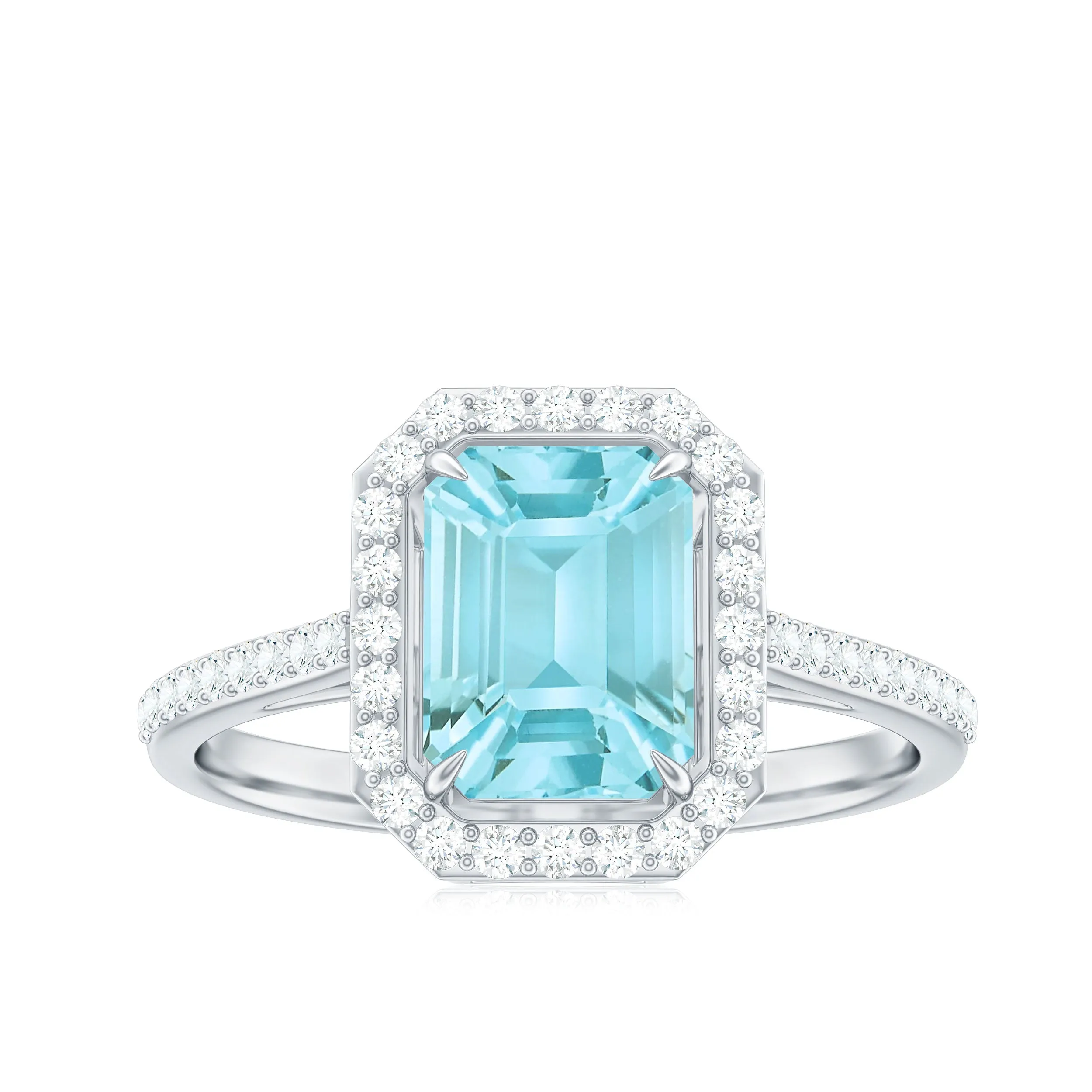 2.25 CT Emerald Cut Shape Sky Blue Topaz Classic Engagement Ring with Diamond Halo