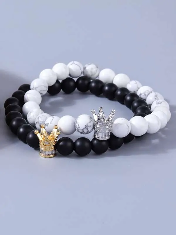 2pcs Men Crown Decor Beaded Bracelet