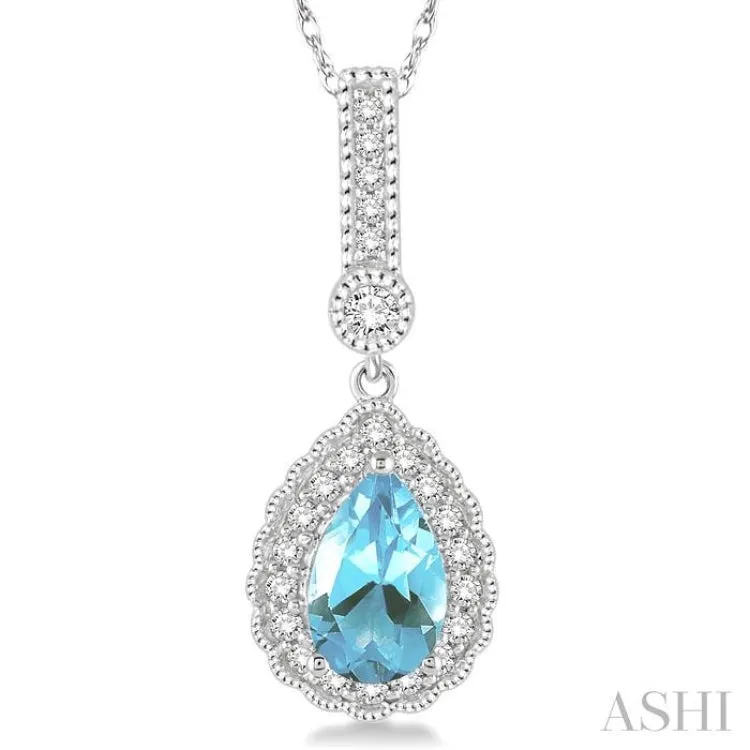 7x5 Pear Shape Aquamarine and 1/5 Ctw Round Cut Diamond Pendant in 14K White Gold with Chain