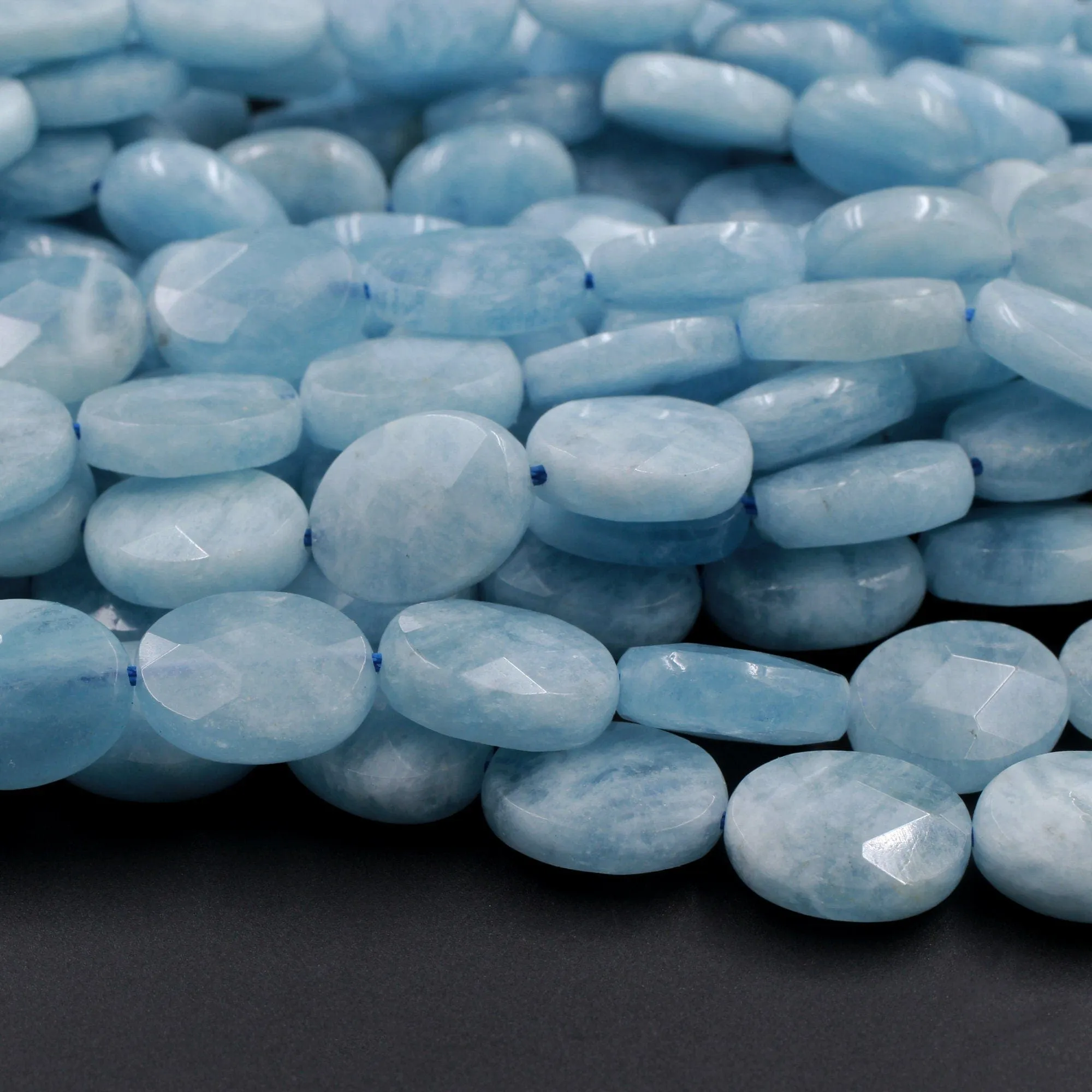 AA Natural Blue Aquamarine Faceted Oval Beads 15.5" Strand