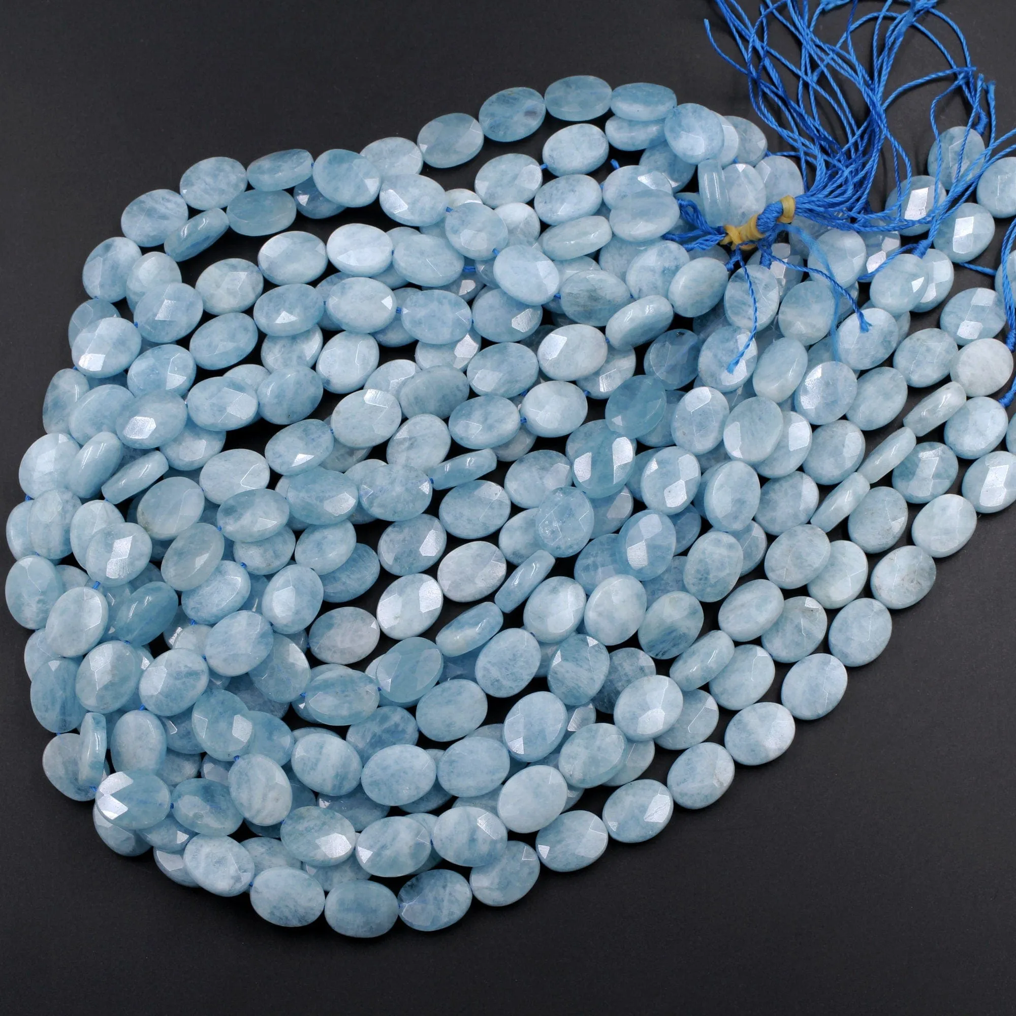 AA Natural Blue Aquamarine Faceted Oval Beads 15.5" Strand