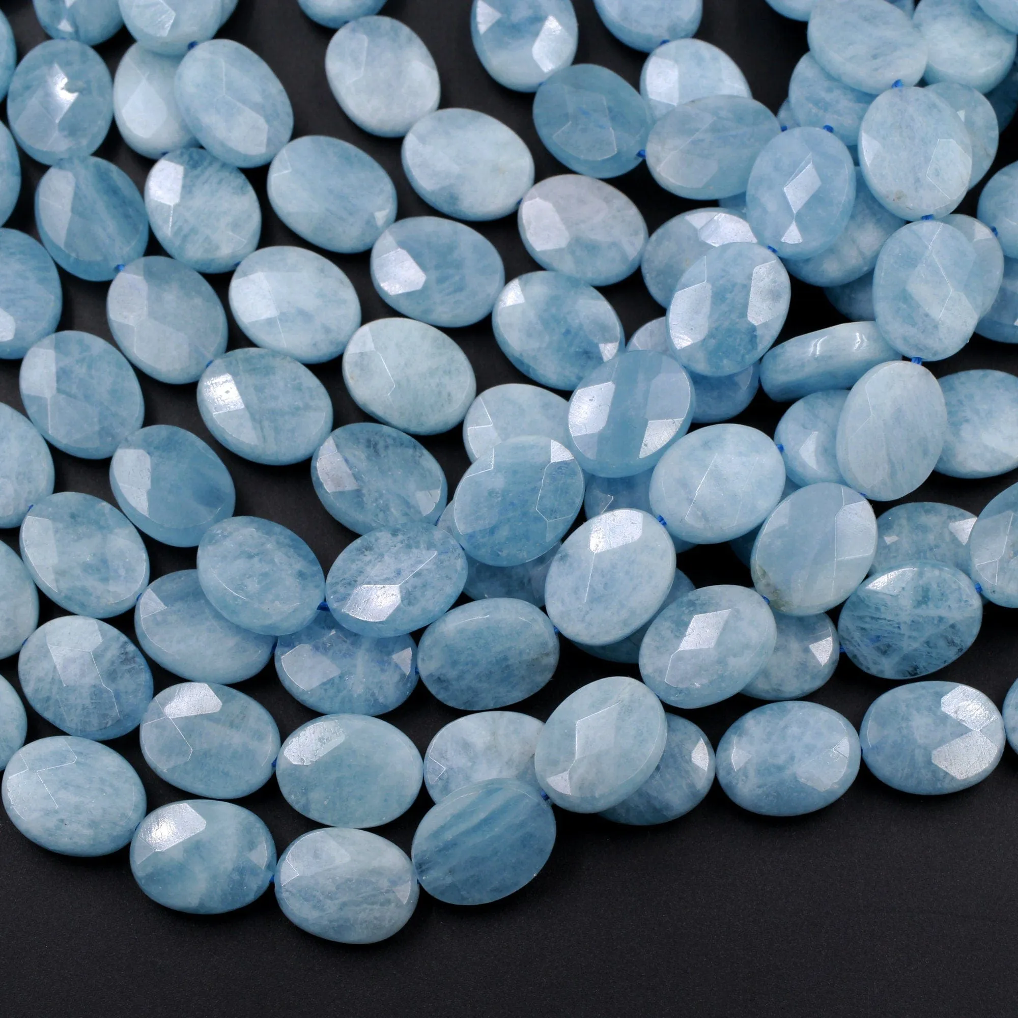 AA Natural Blue Aquamarine Faceted Oval Beads 15.5" Strand