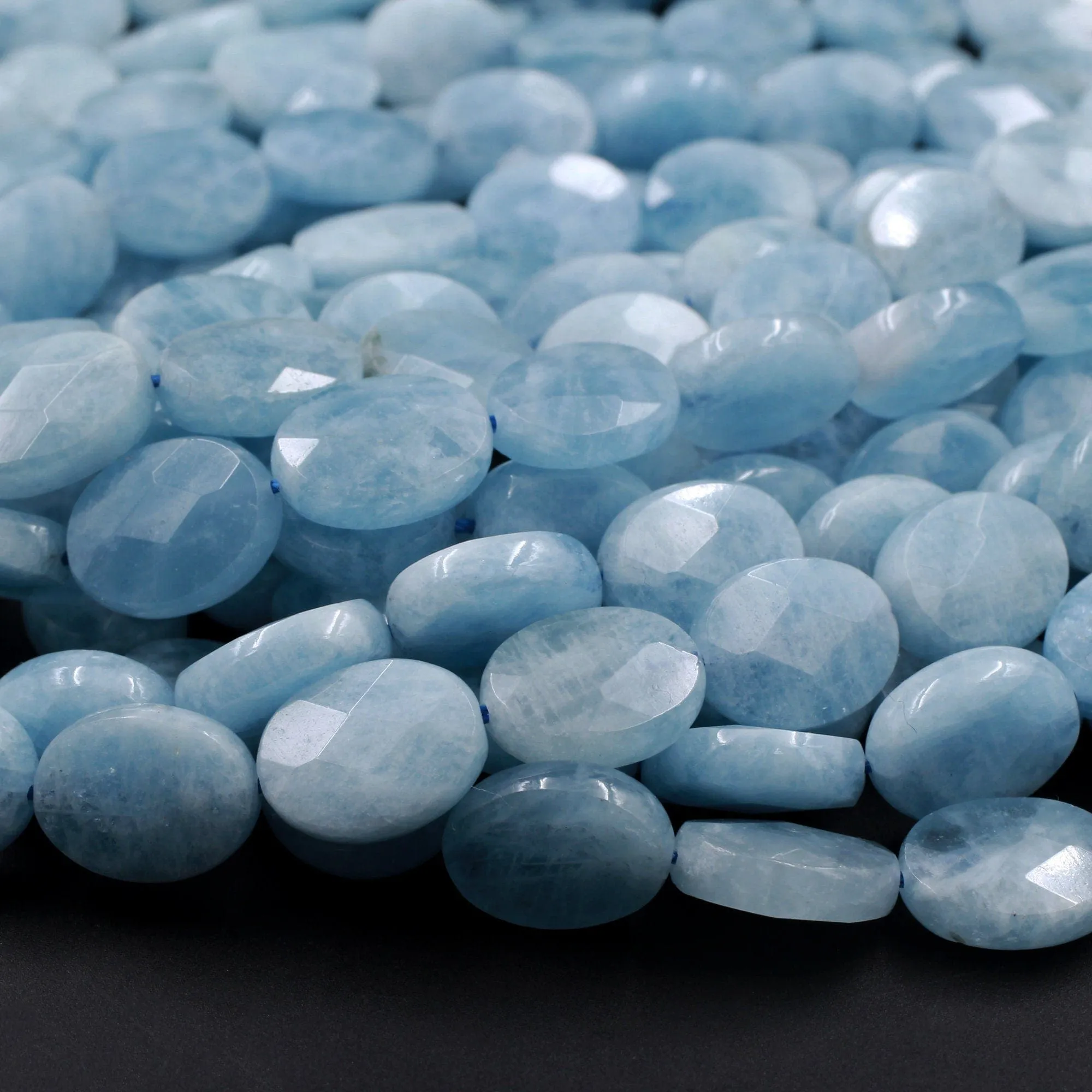 AA Natural Blue Aquamarine Faceted Oval Beads 15.5" Strand