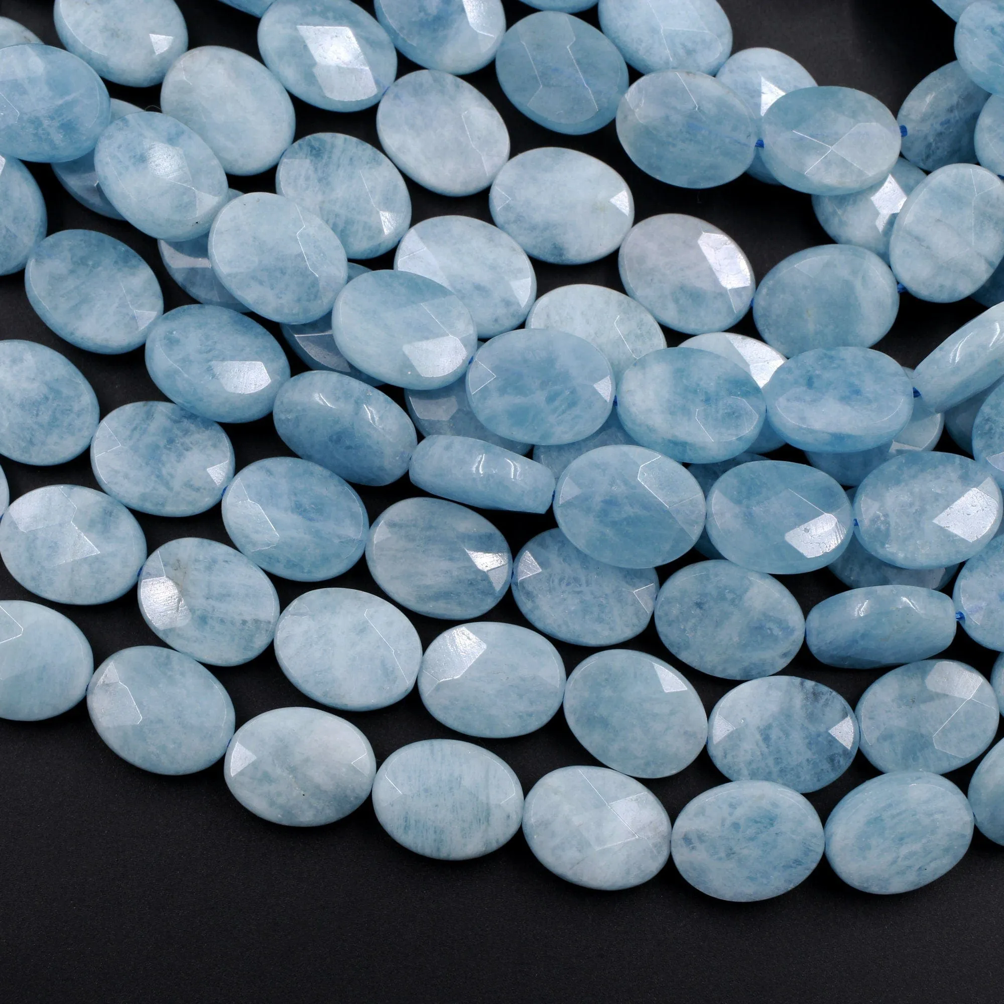 AA Natural Blue Aquamarine Faceted Oval Beads 15.5" Strand