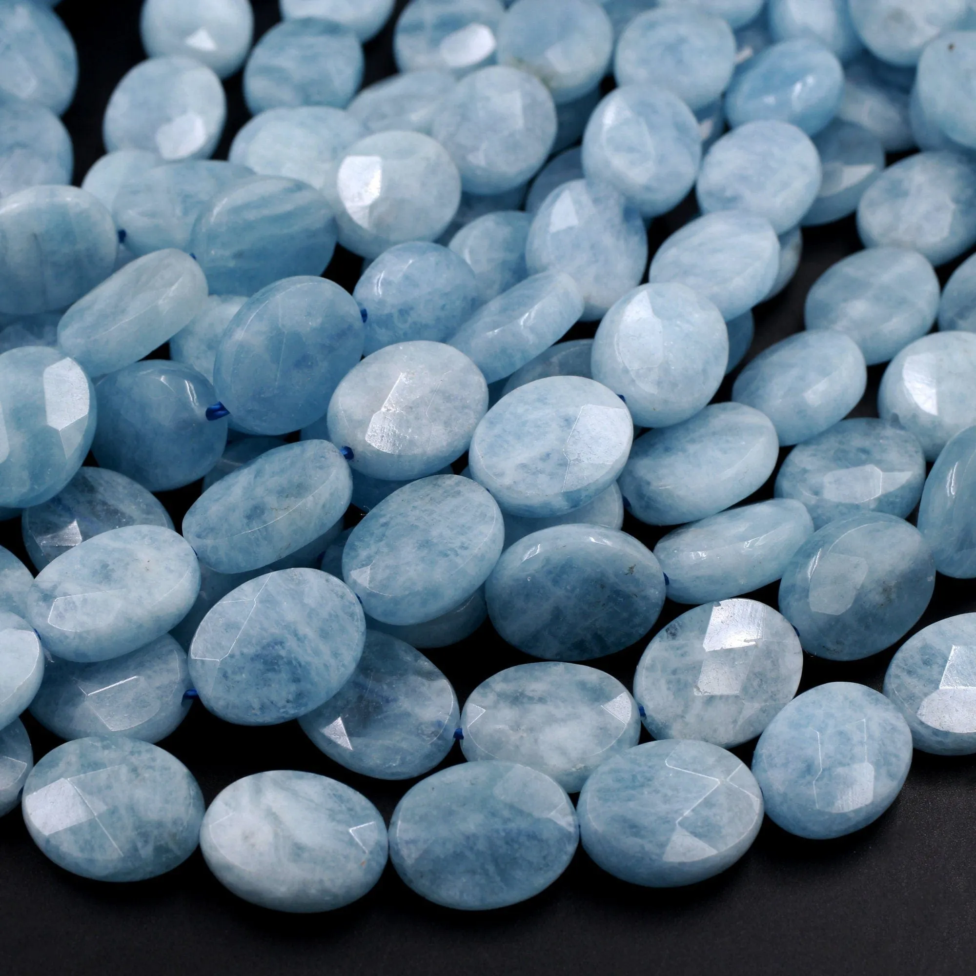 AA Natural Blue Aquamarine Faceted Oval Beads 15.5" Strand