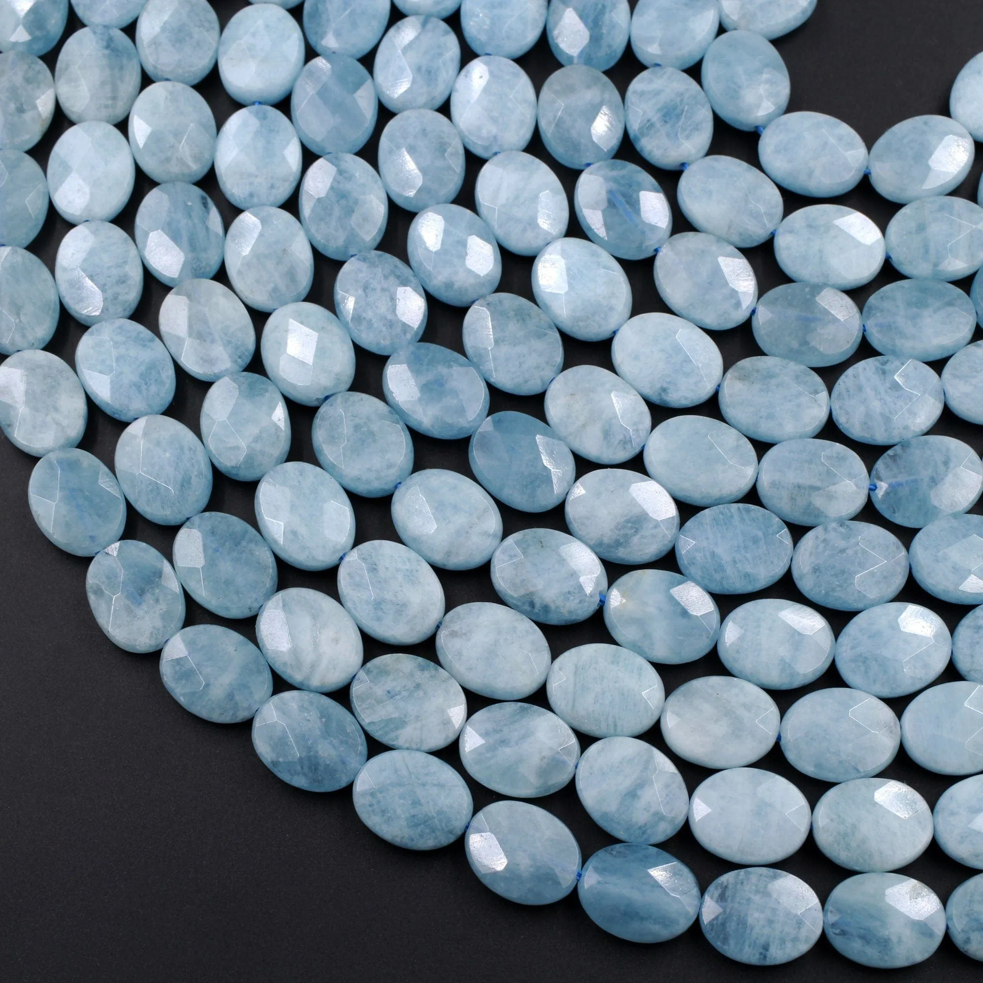 AA Natural Blue Aquamarine Faceted Oval Beads 15.5" Strand