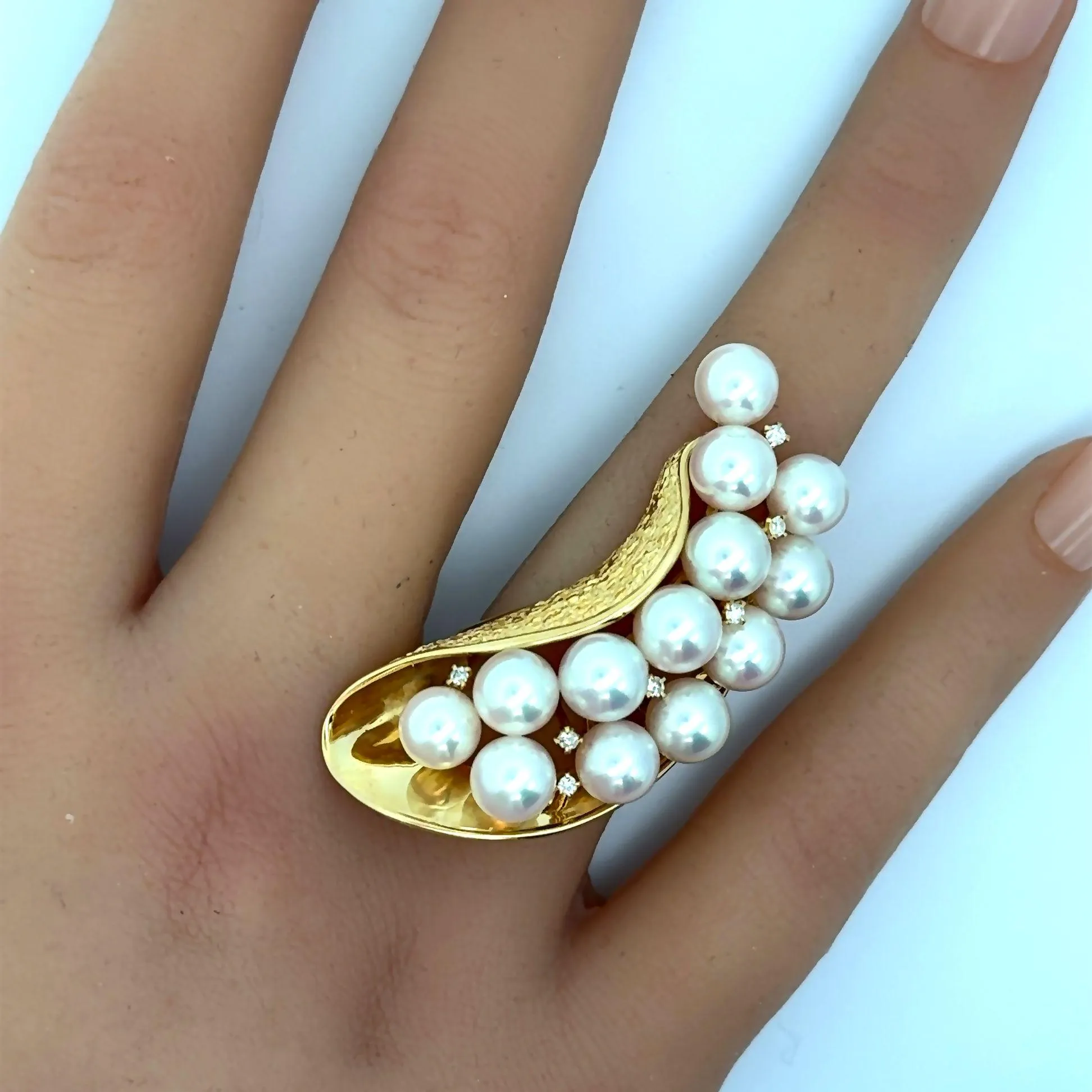 Akoya Pearl Diamond 18k Yellow Gold Textured Cocktail Ring