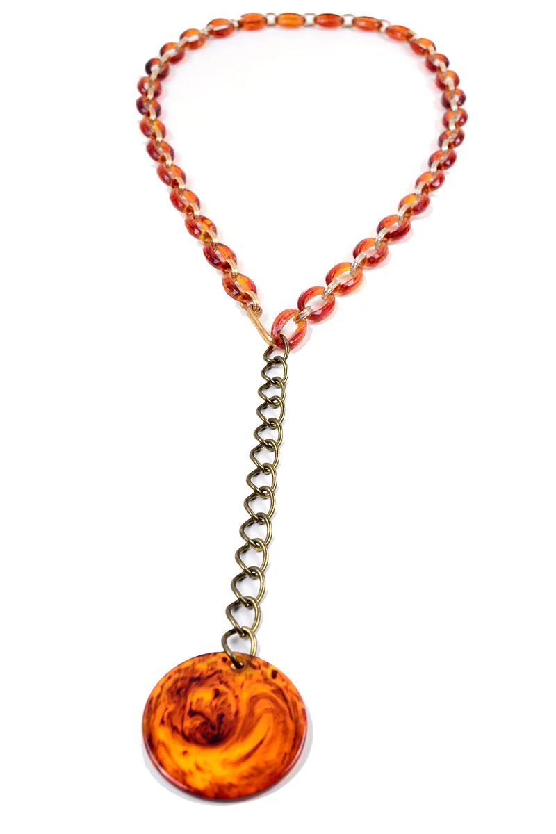 Amber Lucite Chain Link Belt or Necklace with Circle Medallion