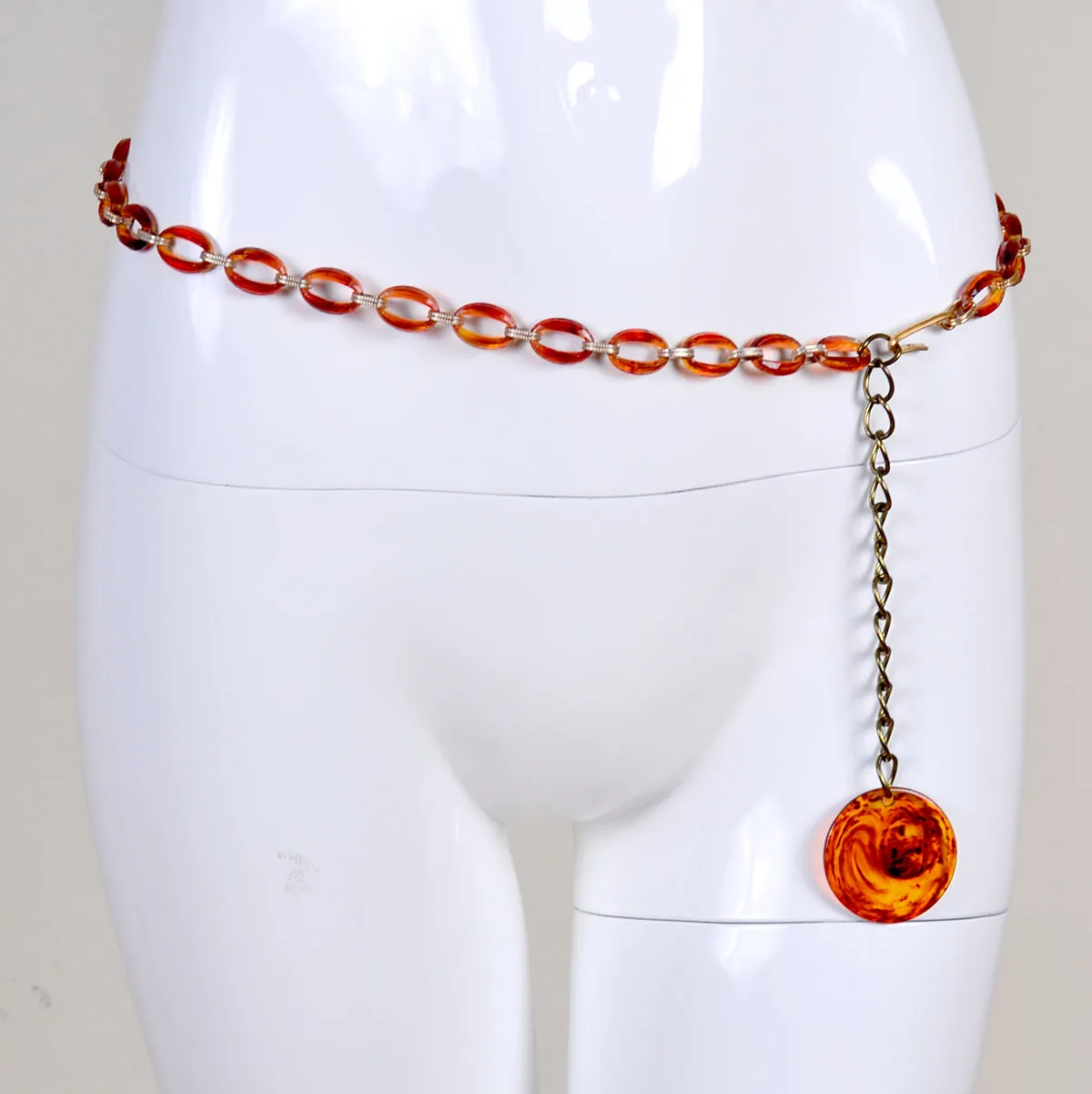 Amber Lucite Chain Link Belt or Necklace with Circle Medallion